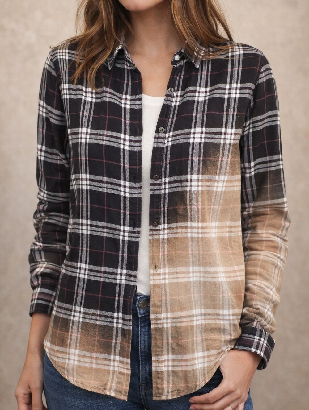 Upcycled Bleached Plaid Flannel Shirt Boho Grunge Style Handmade Unique B100